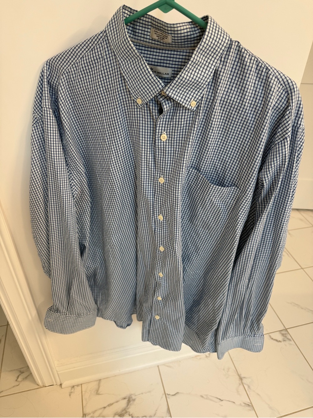 Peter Millar Blue and White Check Button-Down Shirt